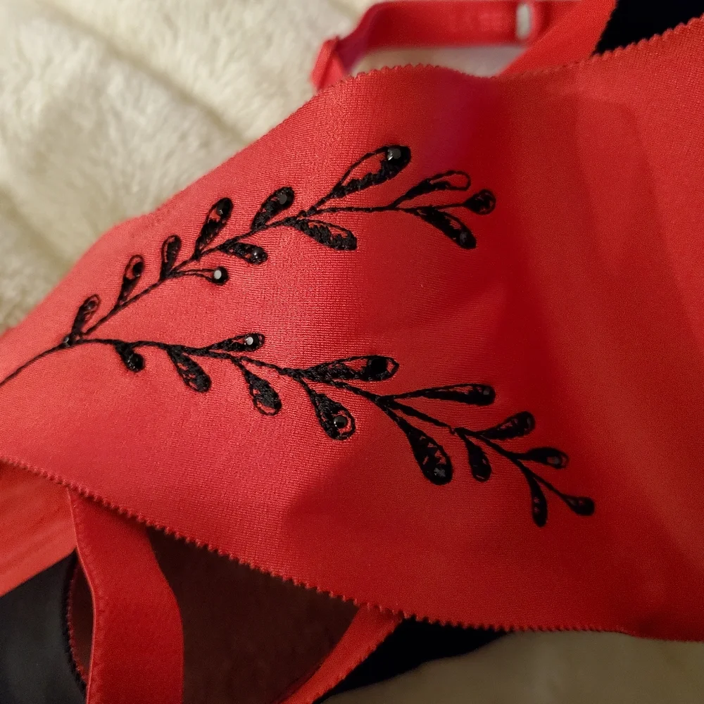 Red & Black Bra embroidered laurel leaves on back - Picture 4 of 4